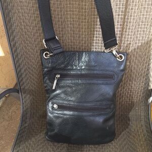 Margot Black Leather 3X Zip Black Leather Messenger Crossbody Bag